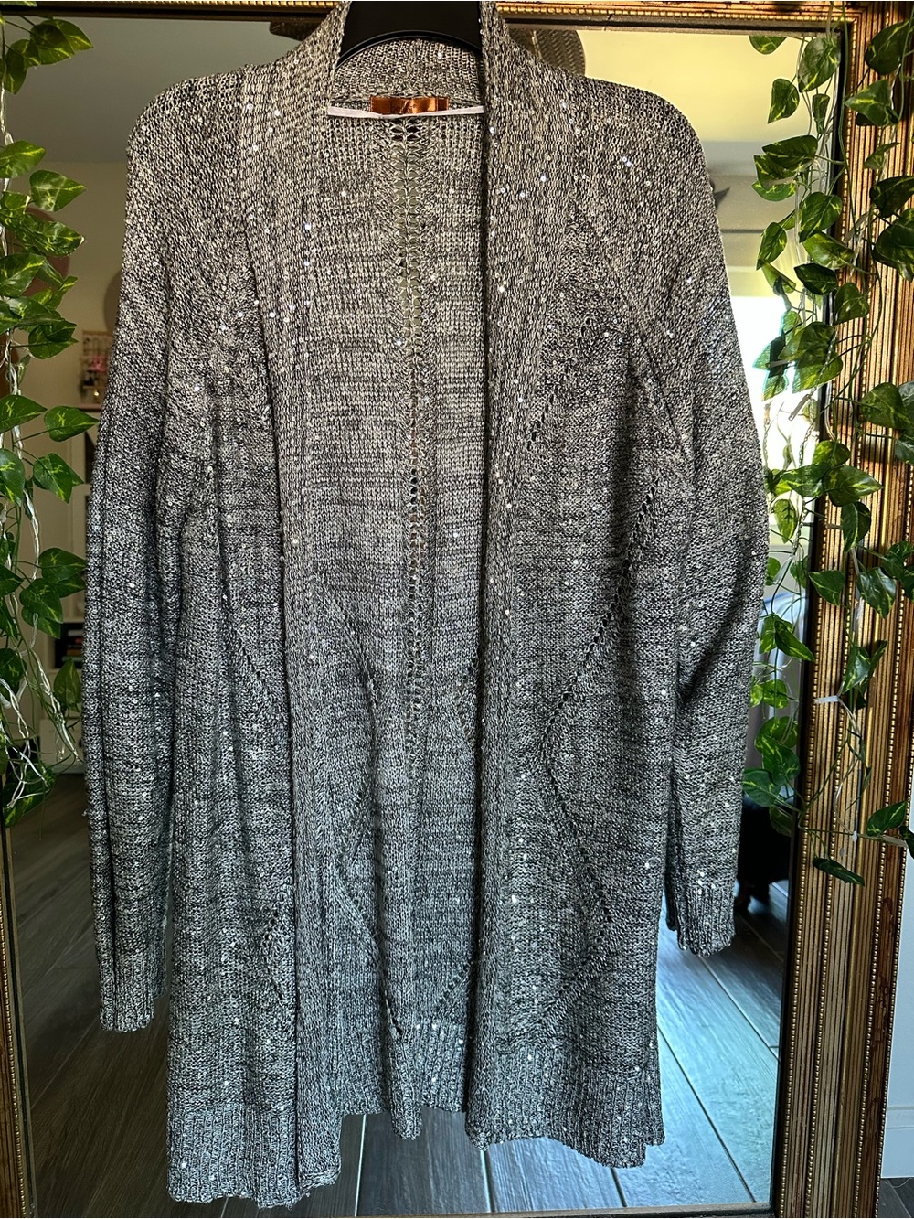 Bellini Gray Open-Front Knit Cardigan